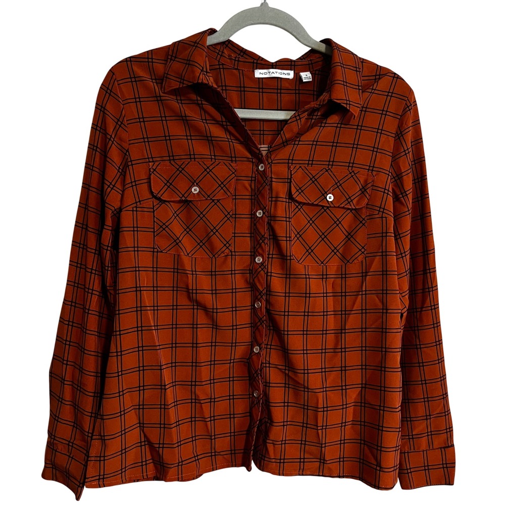 Notations Burnt Orange Black Grid Button Down Shirt Long Sleeve Pockets S